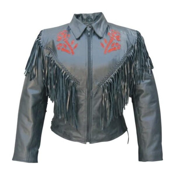 Vintage Women Red Rose Leather Jacket With Fringe